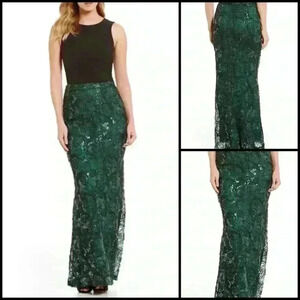Belle Badgley Mischa Lace Forest Green/Black Maxi Elegant Holiday Skirt Size 4